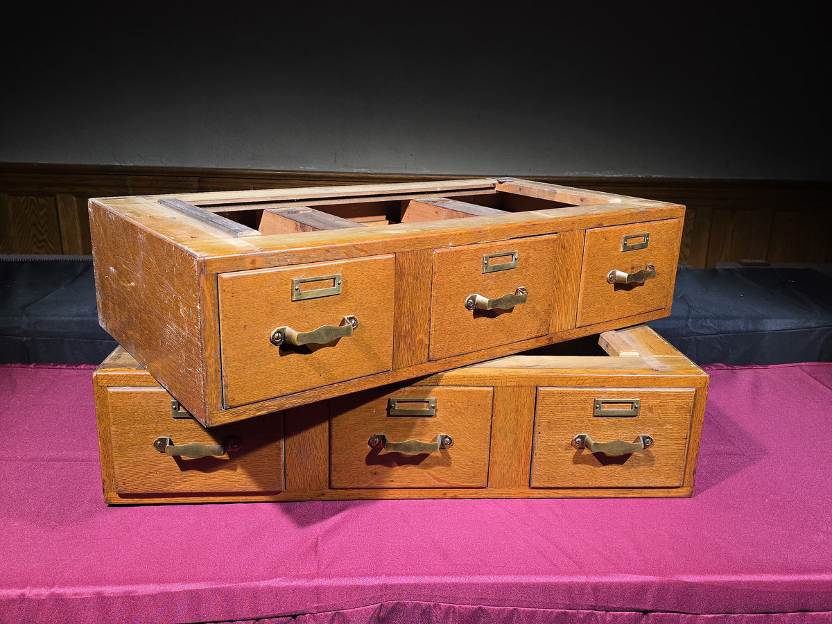 Pair of Antique Oak Three-Drawer Card Catalog Filing Cabinet Sections with Brass Hardware