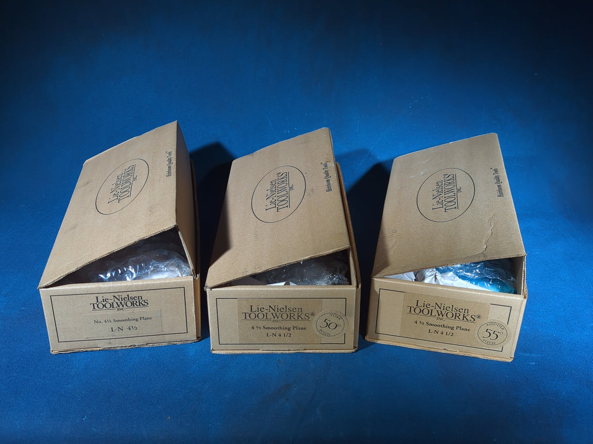 Trio of Modern Lie-Nielsen Toolworks No. 4 1/2 Smoothing Planes (L-N 4 1/2) including 50-Degree York Pitch and 55-Degree Middle Pitch, Brand New in Boxes