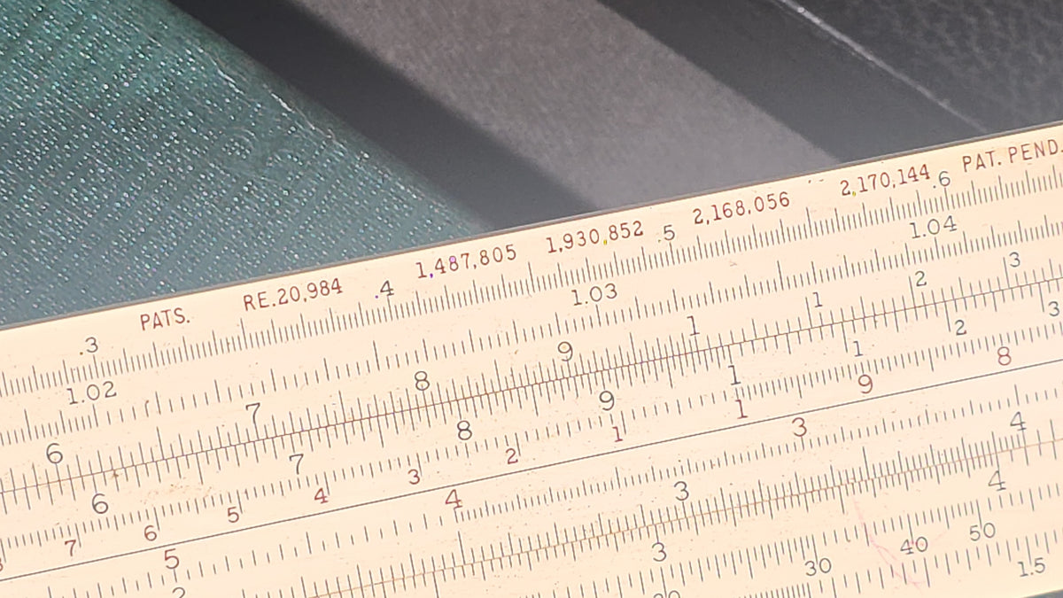 Vintage Keuffel & Esser 4083-3 Log Log Duplex Vector Slide Rule with Leather Case and Original Box, Note Damage and Loss on Slide