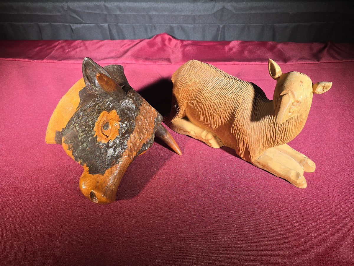Pair of Vintage Carved Wood Animal Figures including a Reclining Lamb and a Cow Head Bust