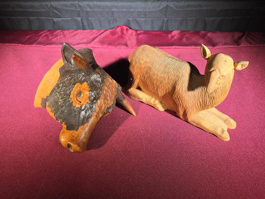Pair of Vintage Carved Wood Animal Figures including a Reclining Lamb and a Cow Head Bust