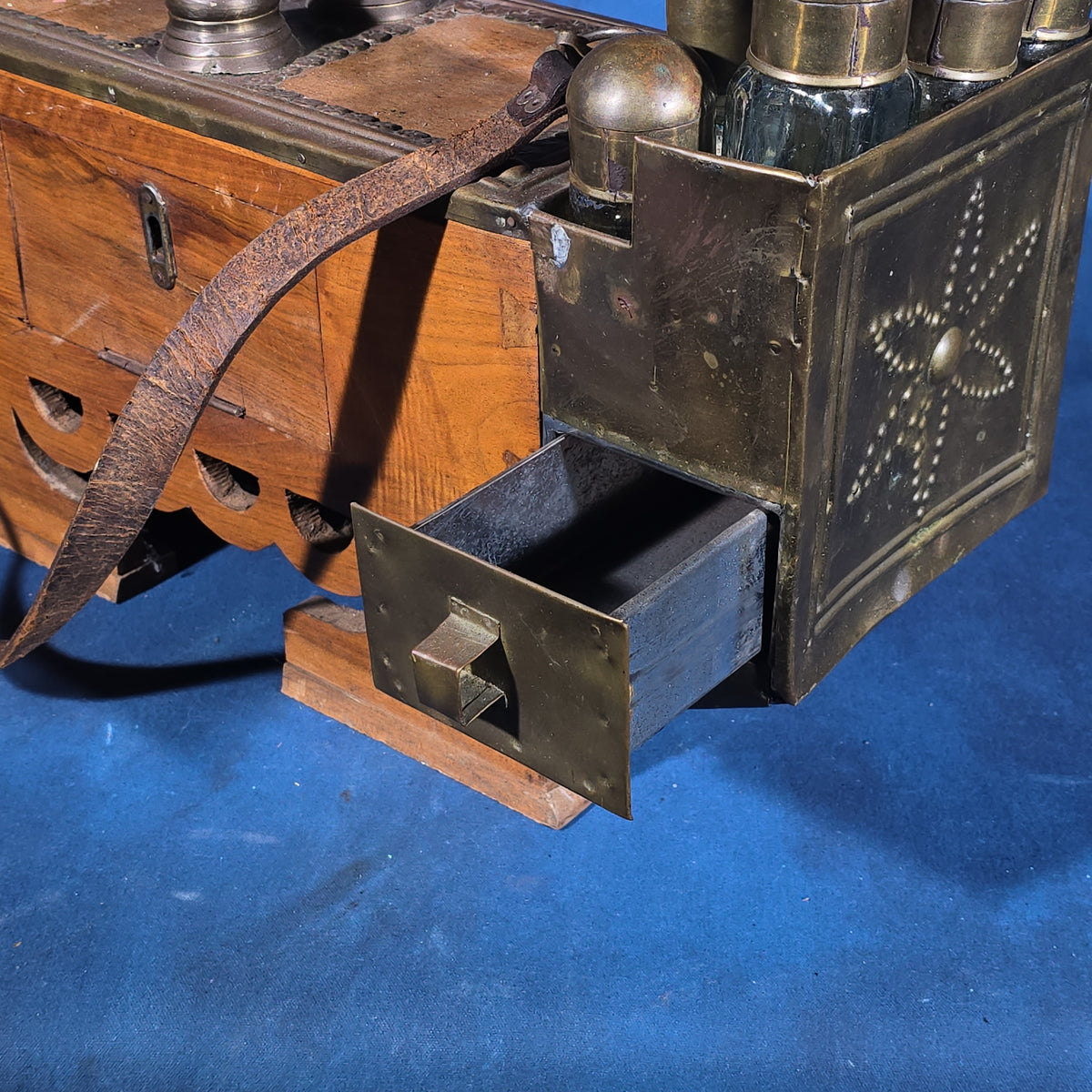 Antique Brass and Wood Shoe Shine Kit with Glass Bottles, Drawers, and Leather Carry Strap