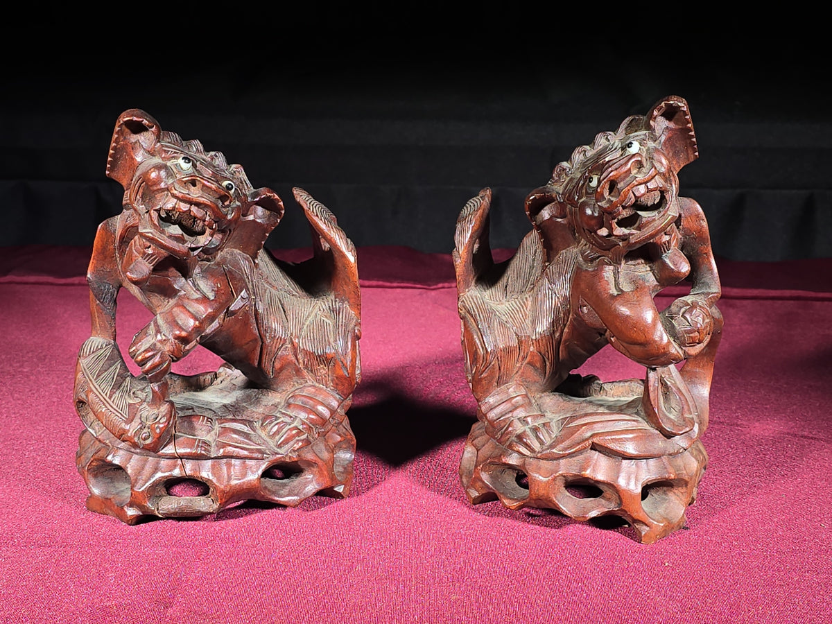 Pair of Vintage Carved Wood Foo Dog Figures with Inset Eyes