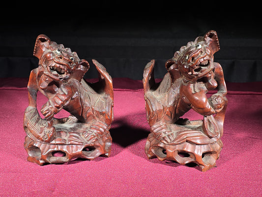 Pair of Vintage Carved Wood Foo Dog Figures with Inset Eyes