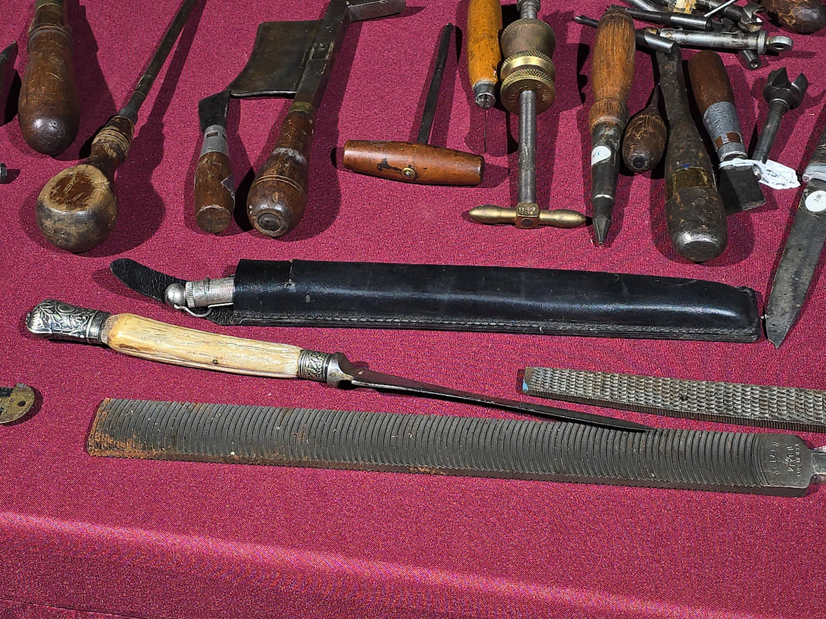Grouping of Antique and Vintage Hand Tools including Case XX Knife with Leather Sheath, Chisels, Awls, Screwdrivers, Files, and Hammer Head