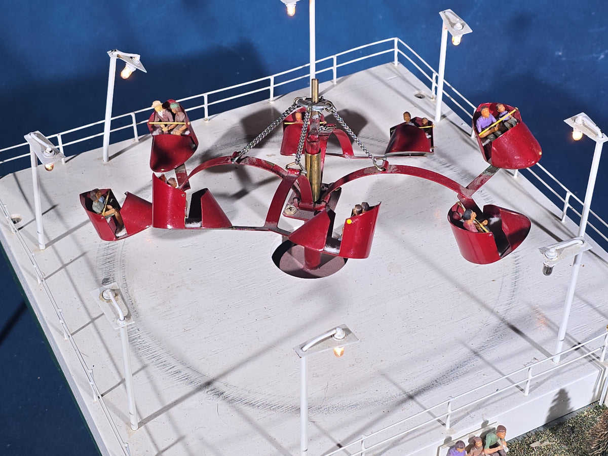 Vintage Handmade Motorized Tabletop Carnival Scrambler Ride Model with Lights and Figures