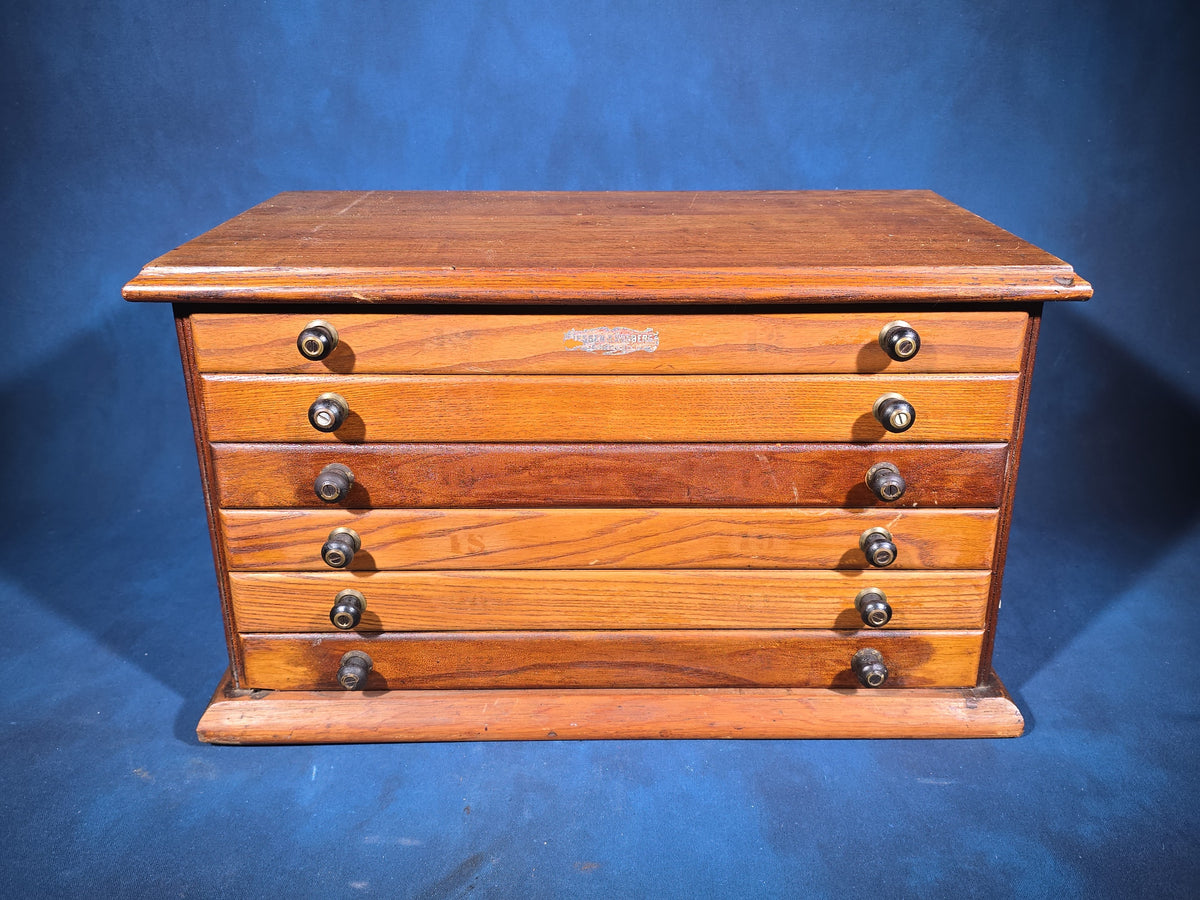 Antique Six-Drawer Oak Spool Cabinet, Manufactured by Jessen & Rosberg, Chicago, Illinois