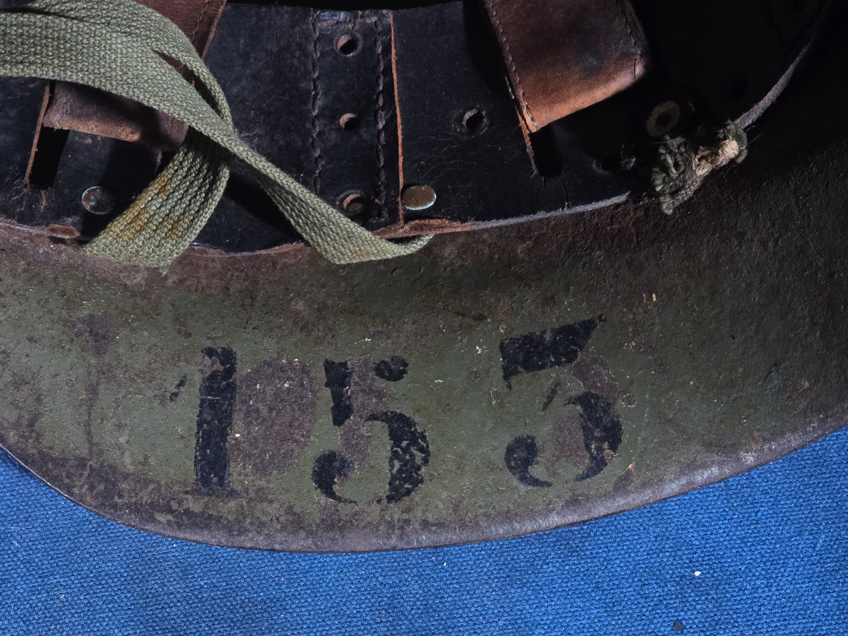 Vintage WWII Era German M35 Steel Helmet with Leather Liner and Chin Strap, Numbered 153