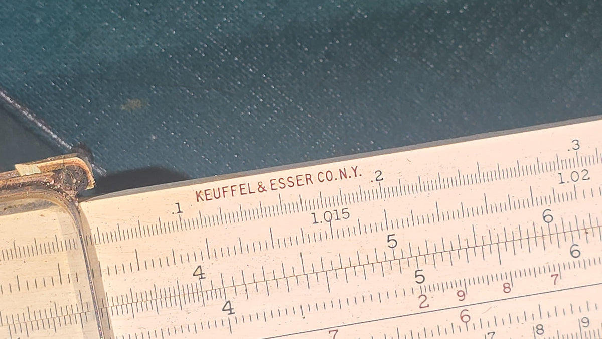Vintage Keuffel & Esser 4083-3 Log Log Duplex Vector Slide Rule with Leather Case and Original Box, Note Damage and Loss on Slide