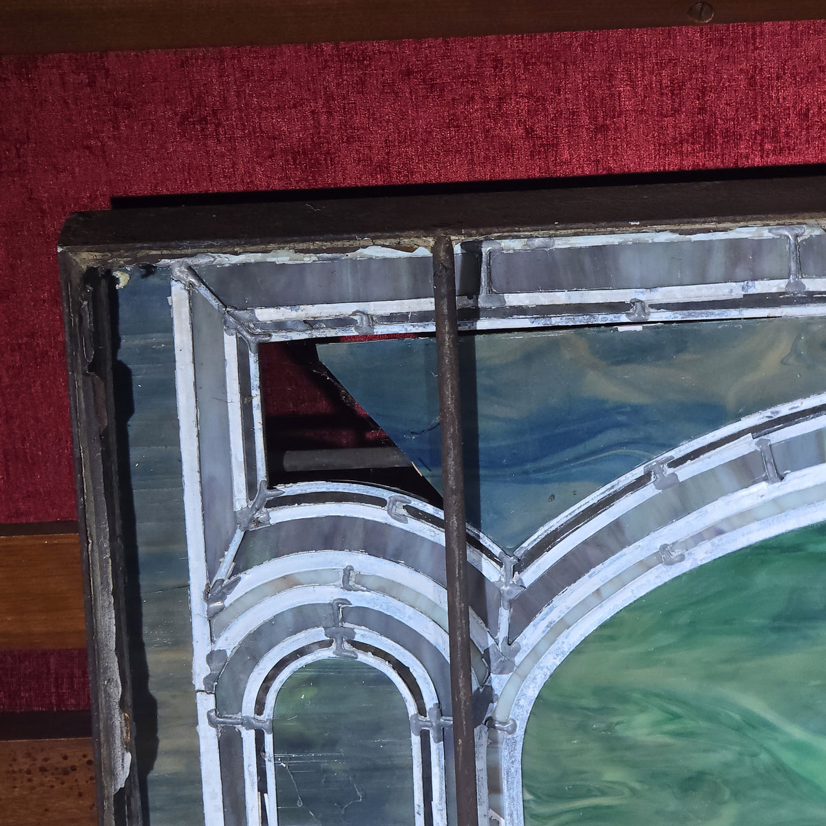 Antique Stained Glass Window, "Erected by Marion D. Gall, 1916," Note Many Breaks and Losses