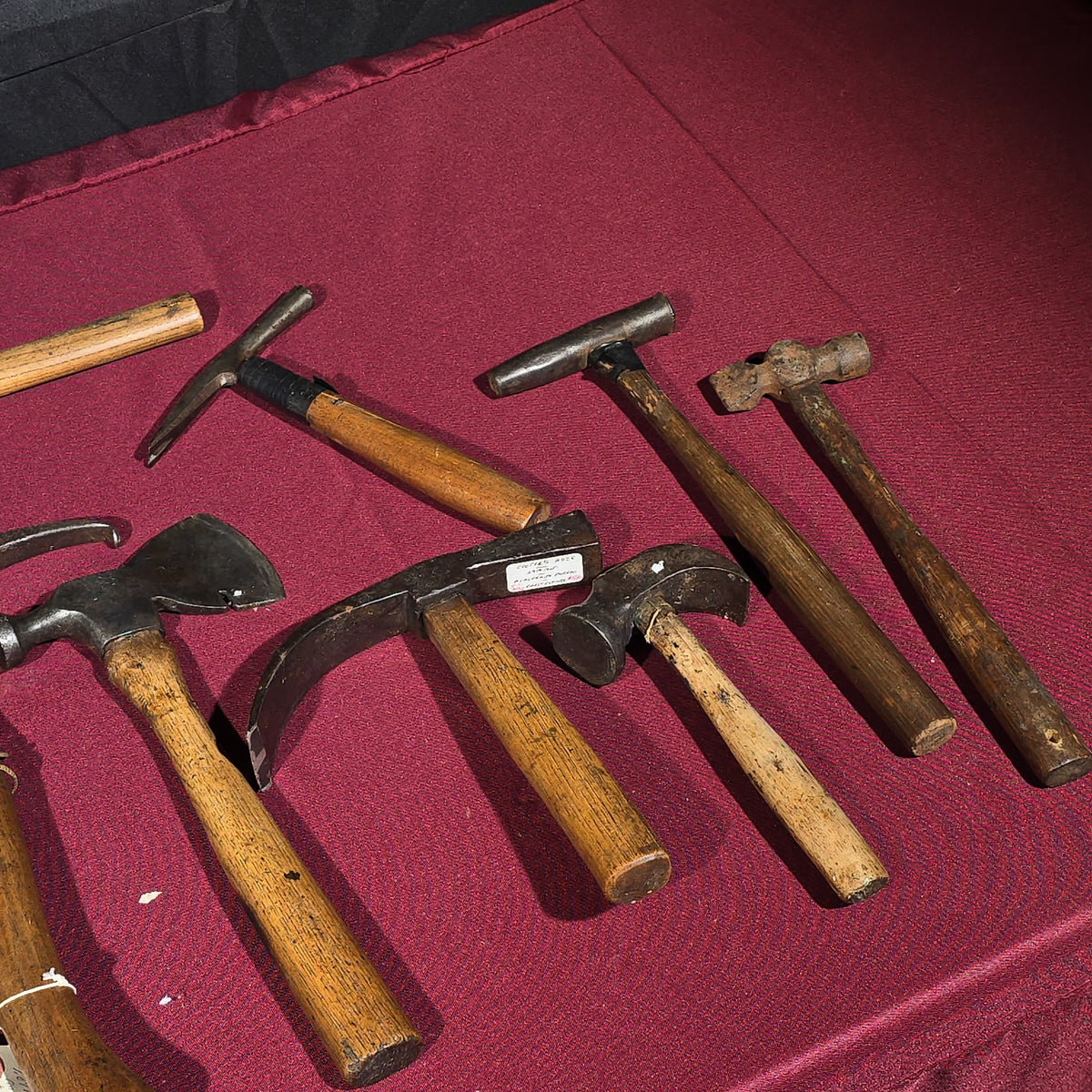 Grouping of 15 Antique and Vintage Hatchets and Hammers including Cooper's Adze, Brass Hammer, and Hammer by A. R. Robertson, Boston, Massachusetts