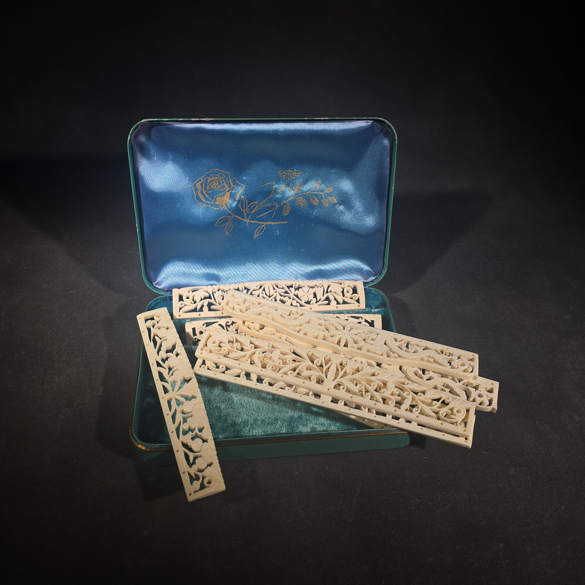 Vintage Carved Bone Fan Sticks with Pierced Floral and Foliate Openwork in Case, Made in China
