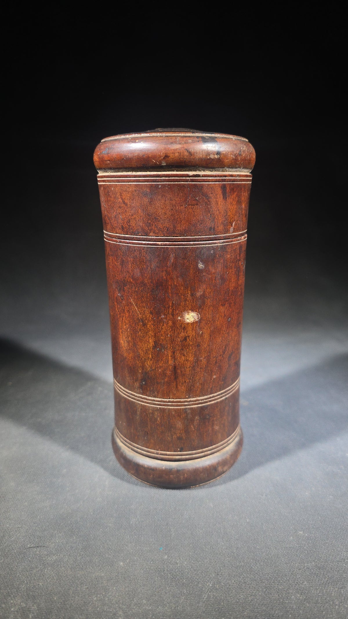 Antique Turned Wood Cylindrical Lidded Container with Incised Ring Decoration