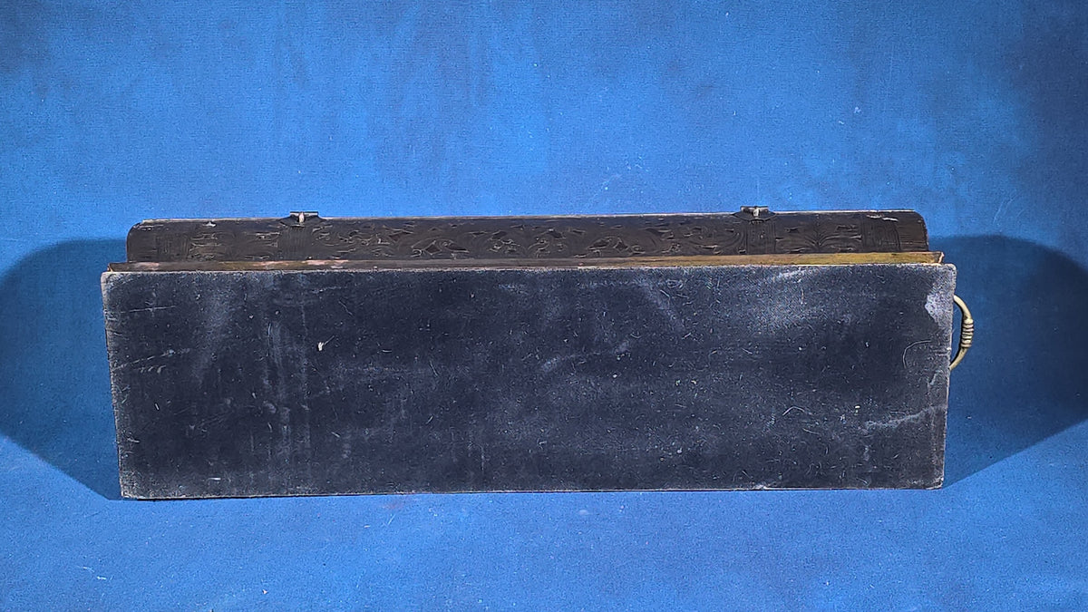 Vintage Engraved Metal-Clad Wooden Dome-Top Box with Brass Straps and Side Handles