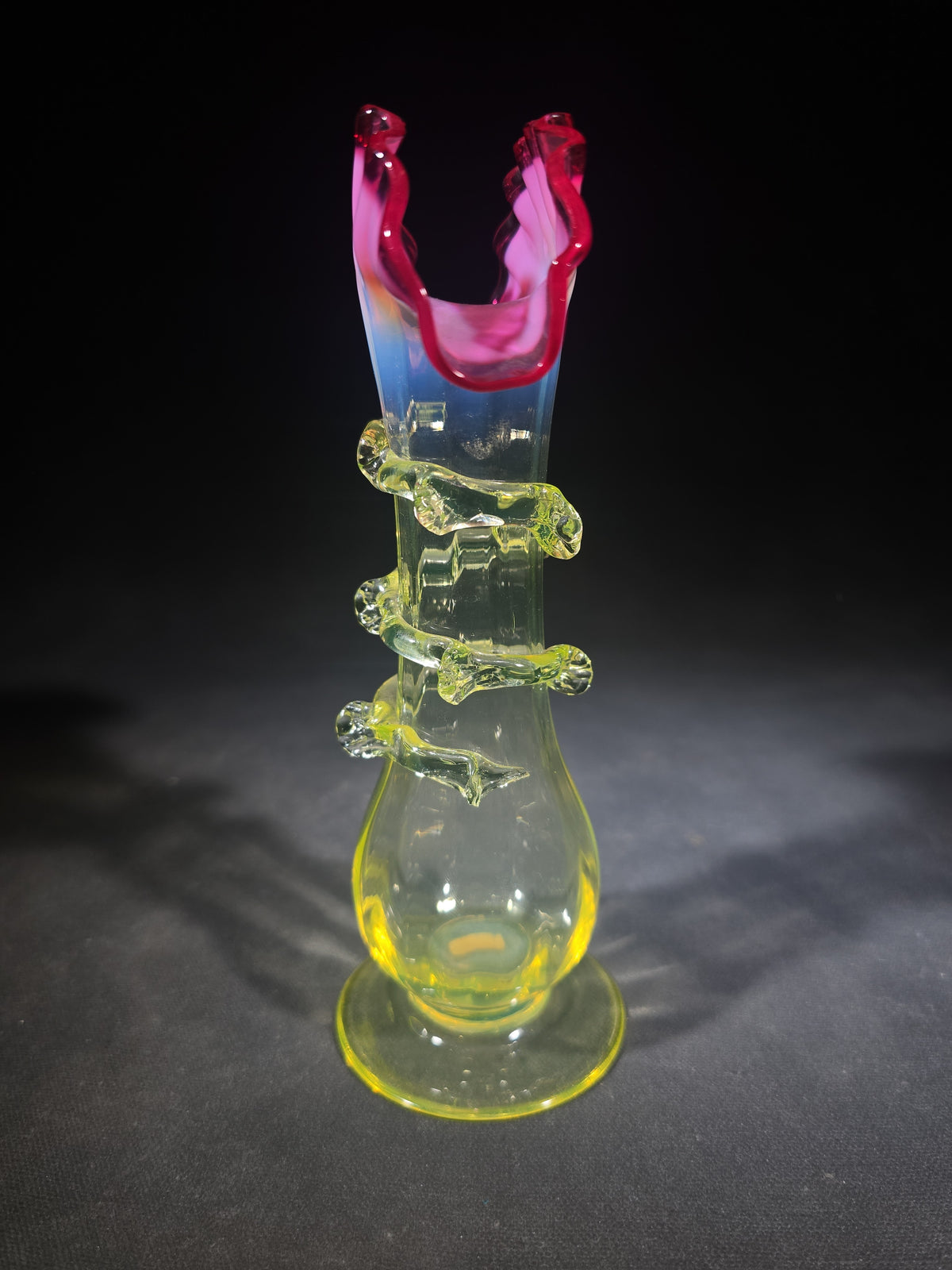 Vintage Rubina Verde Uranium Glass Bud Vase with Ruffled Rim and Applied Rigaree, UV Reactive
