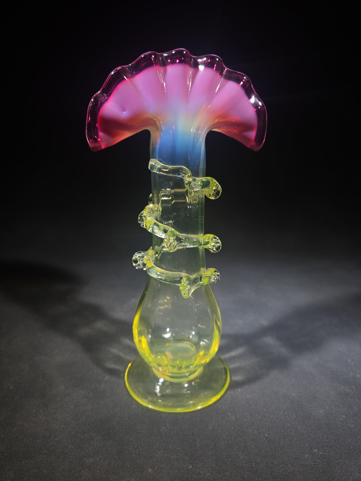 Vintage Rubina Verde Uranium Glass Bud Vase with Ruffled Rim and Applied Rigaree, UV Reactive