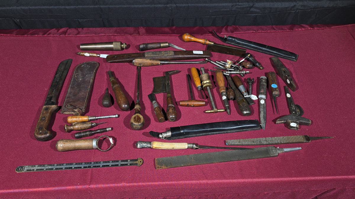 Grouping of Antique and Vintage Hand Tools including Case XX Knife with Leather Sheath, Chisels, Awls, Screwdrivers, Files, and Hammer Head