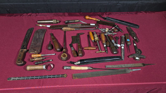 Grouping of Antique and Vintage Hand Tools including Case XX Knife with Leather Sheath, Chisels, Awls, Screwdrivers, Files, and Hammer Head