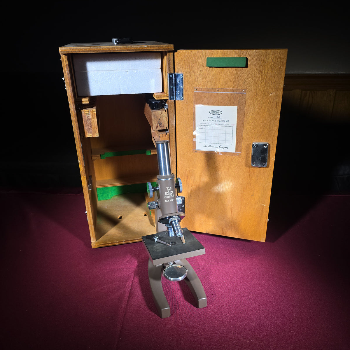 Vintage Propper Microscope Model J-4-L in Wooden Case, The Lumiscope Company, No. 72222