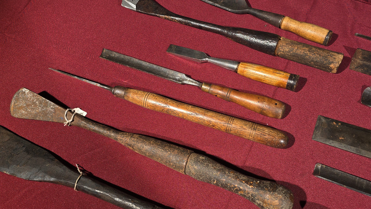 Grouping of 14 Antique Woodworking Gouges and Chisels including T.H. Witherby Solid Steel, W. Butcher Cast Steel, D.M. Snedeker, Ward Cast Steel, and Eric Anton Berg Eskilstuna Sweden