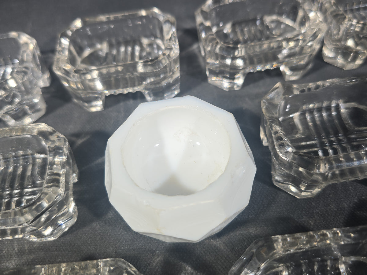 Grouping of 13 Antique Pressed Glass Open Salt Cellars including 12 Matching Uranium Glass and One White Milk Glass