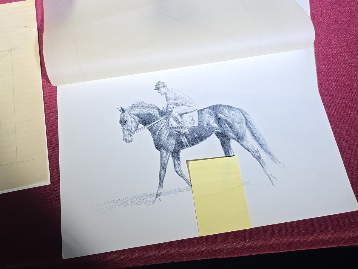 Grouping of Six Vintage Original Pen and Ink Drawings on Paper by C.W. Anderson, Equestrian Subjects with Verso Notations for Book Publication