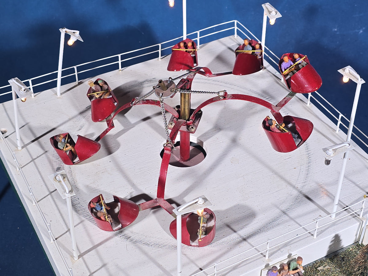 Vintage Handmade Motorized Tabletop Carnival Scrambler Ride Model with Lights and Figures
