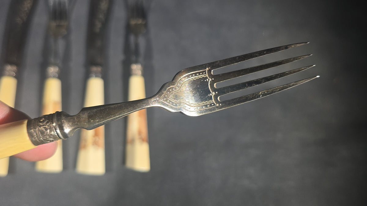 Grouping of Nine Antique Engraved Fish Knives and Forks with Carved Bone Handles Depicting Animals and Landscape Scenes, Marked J.H. Potter, Sheffield