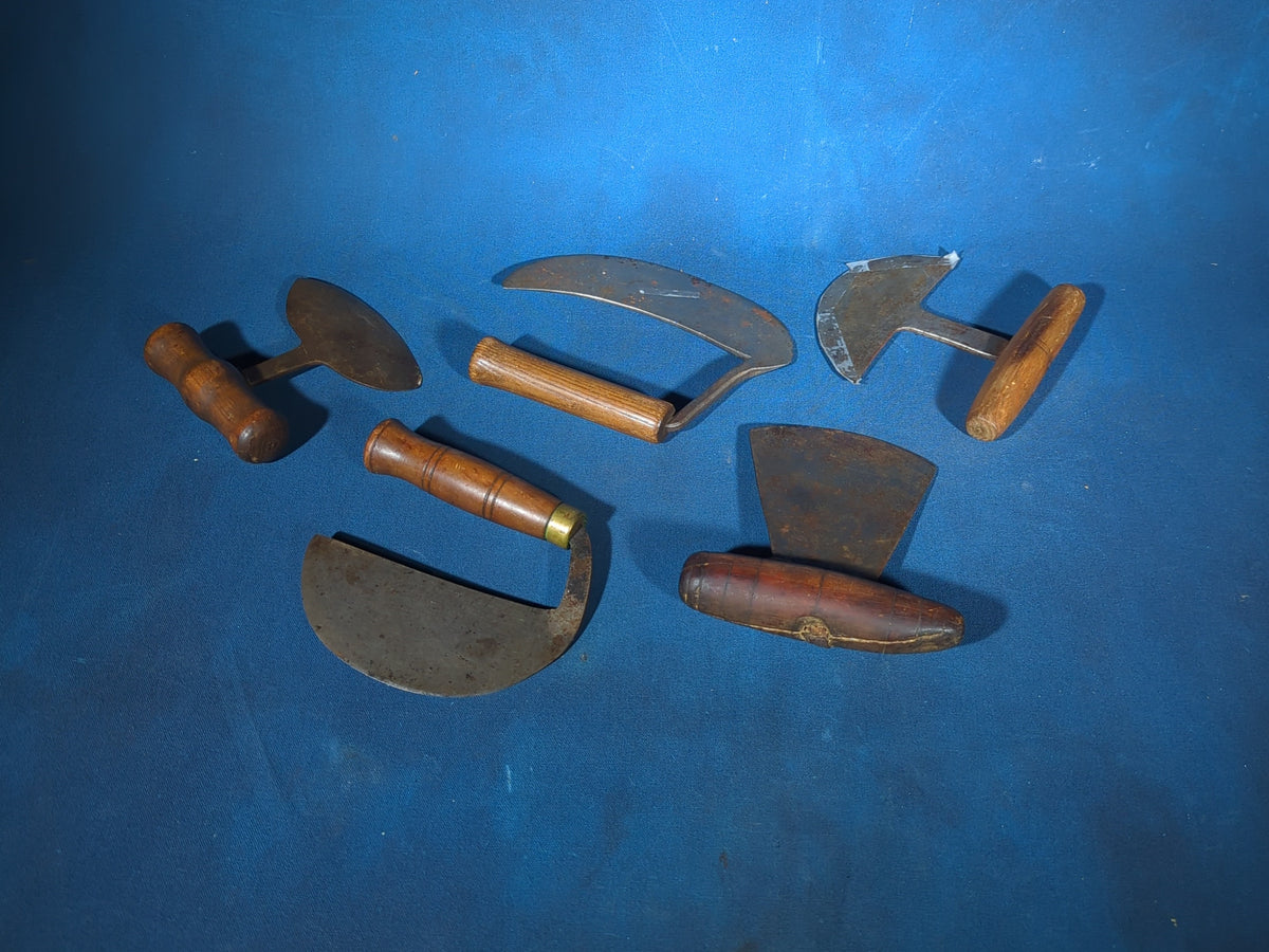 Grouping of Five Antique Food Choppers with Wood Handles