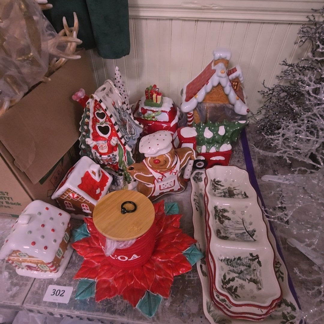 grouping of modern Christmas cookie jars and ceramics