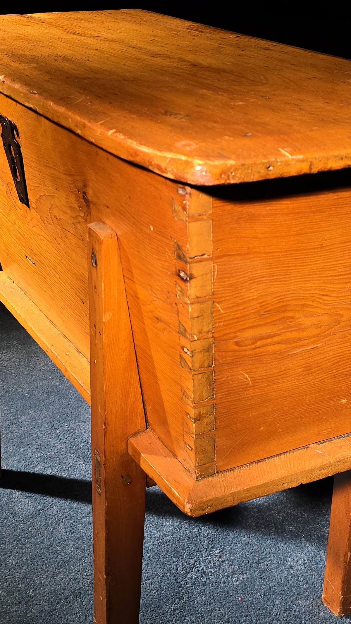 Antique Pine Dovetailed Dough Box on Stand with Iron Escutcheon