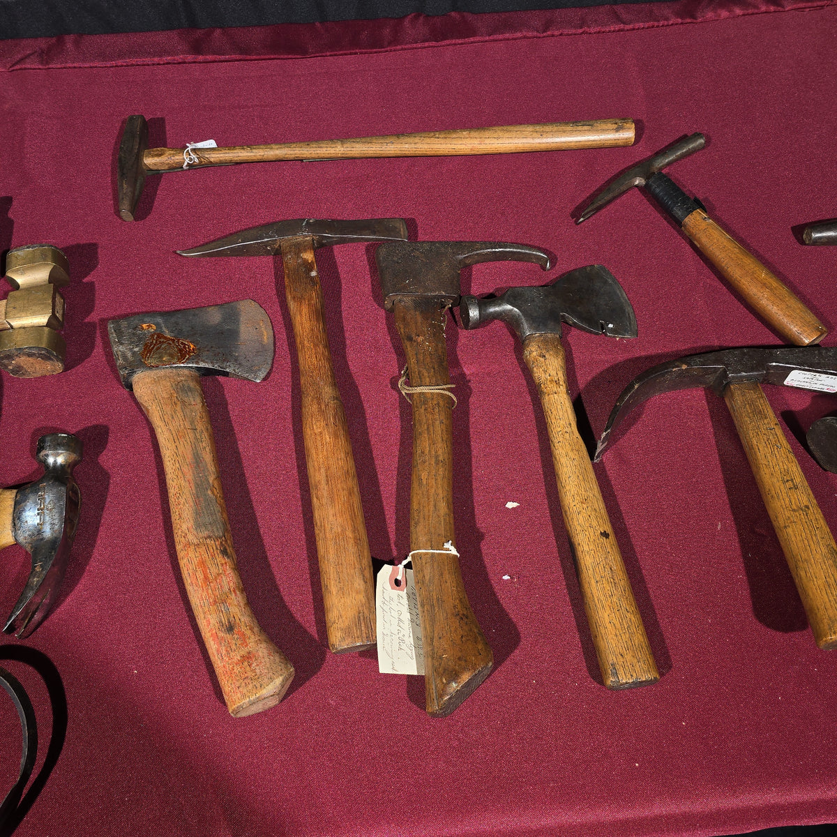 Grouping of 15 Antique and Vintage Hatchets and Hammers including Cooper's Adze, Brass Hammer, and Hammer by A. R. Robertson, Boston, Massachusetts