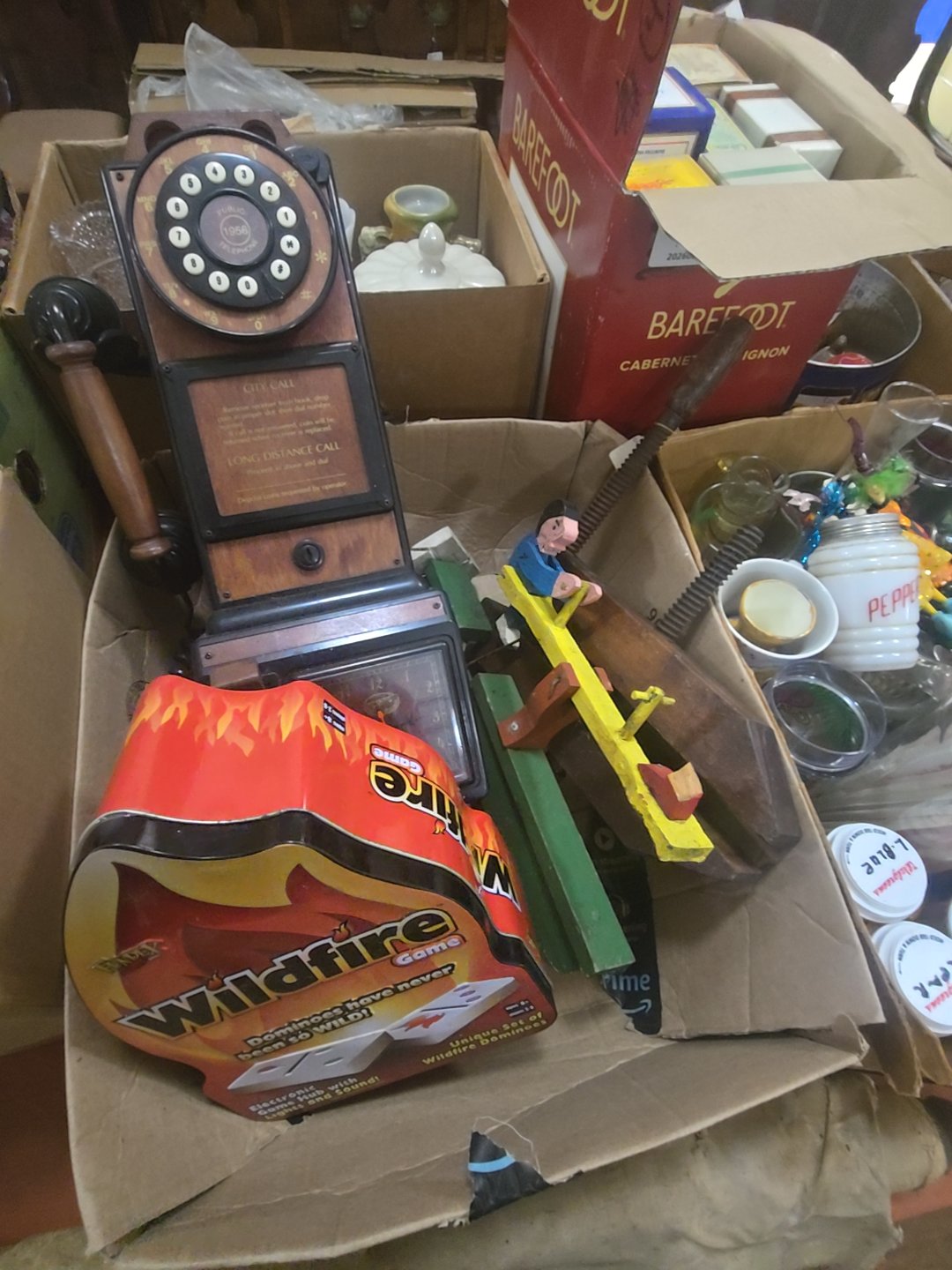 box lot with whirly gig clamp toy phone and game