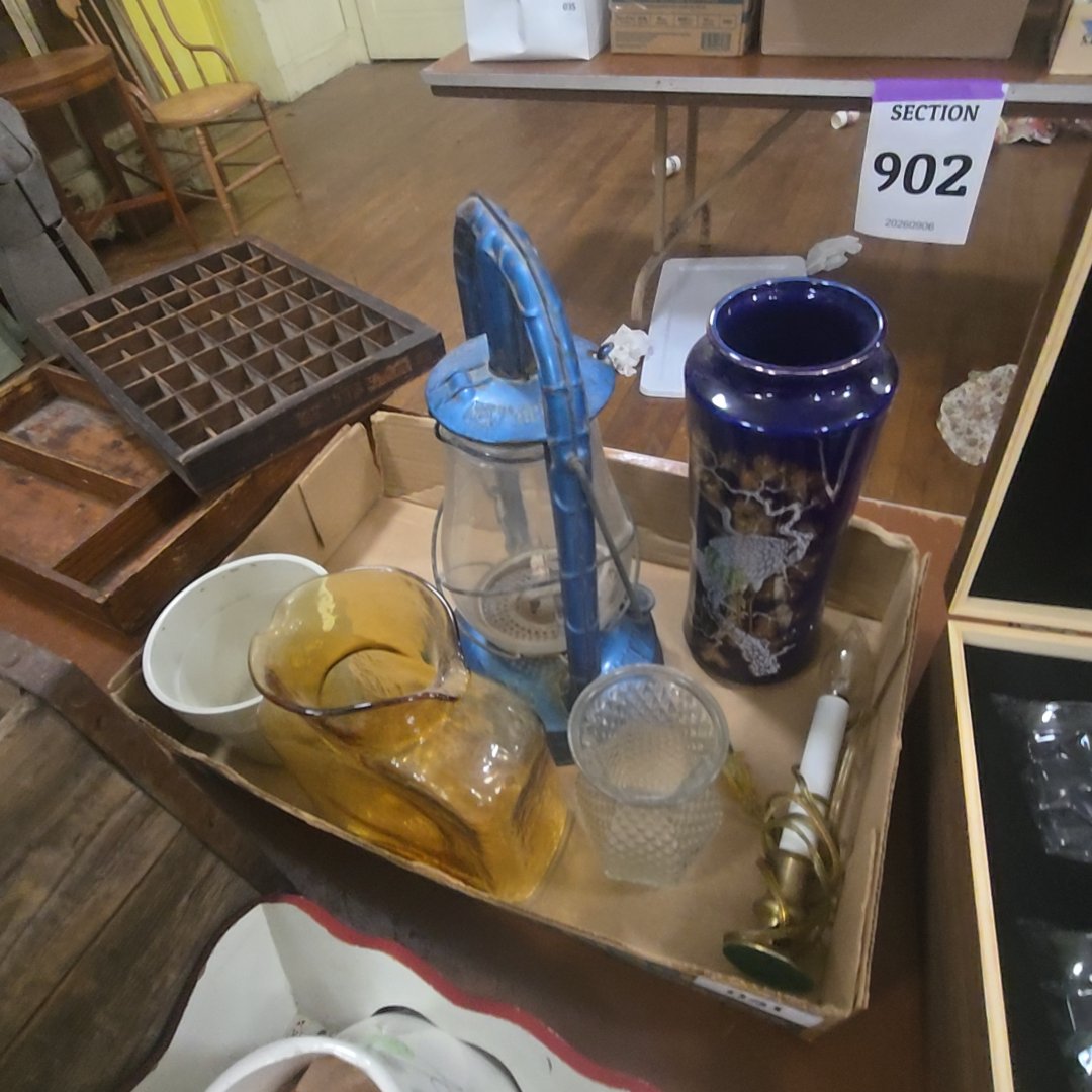 box lot with glassware and Lantern