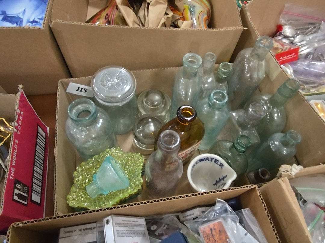 box lot of bottles and glass