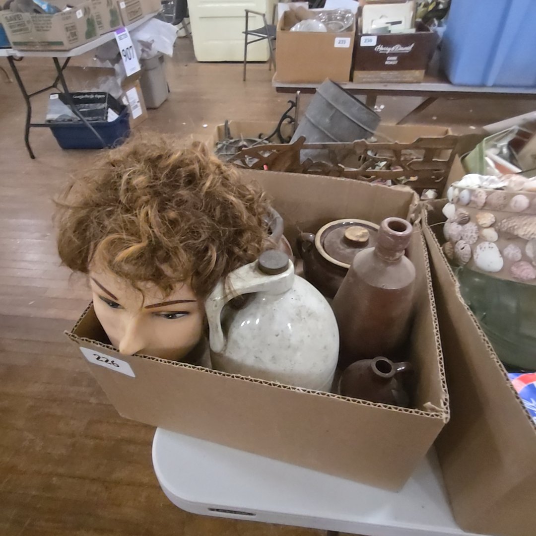 box lot of stoneware bottles Crocks and more with mannequin head