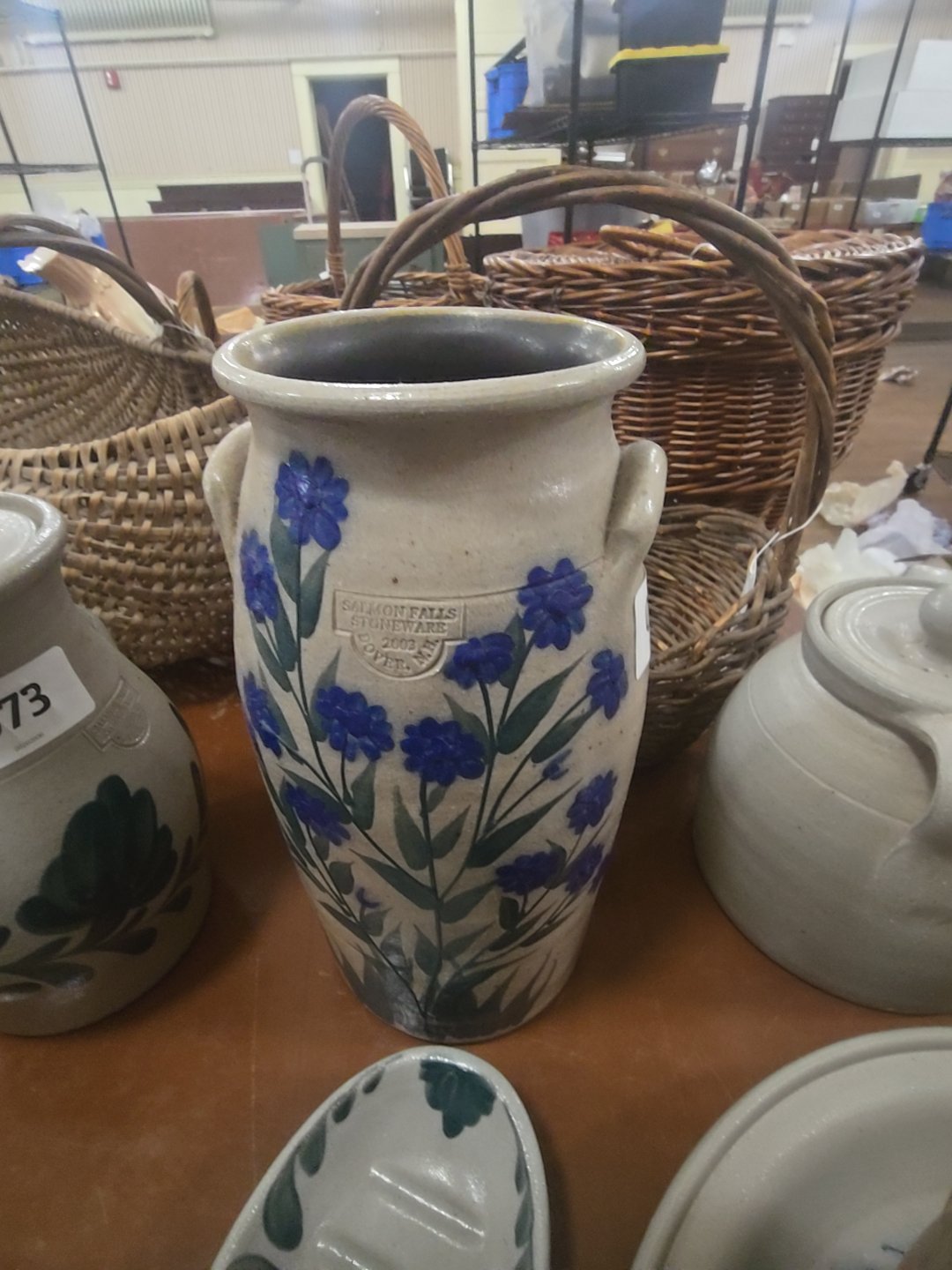 tall Salmon Falls stoneware jar with blue flowers