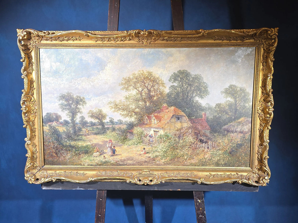 Antique Oil Painting on Canvas, "Cottages Near Colchester" by James E. Meadows (British, 1828-1888), Signed