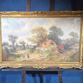 Lot 007 - Antique Oil Painting on Canvas, "Cottages Near Colchester" By James E. Meadows (British, 1828-1888), Signed, 47-5/8" W x 29-5/8" H