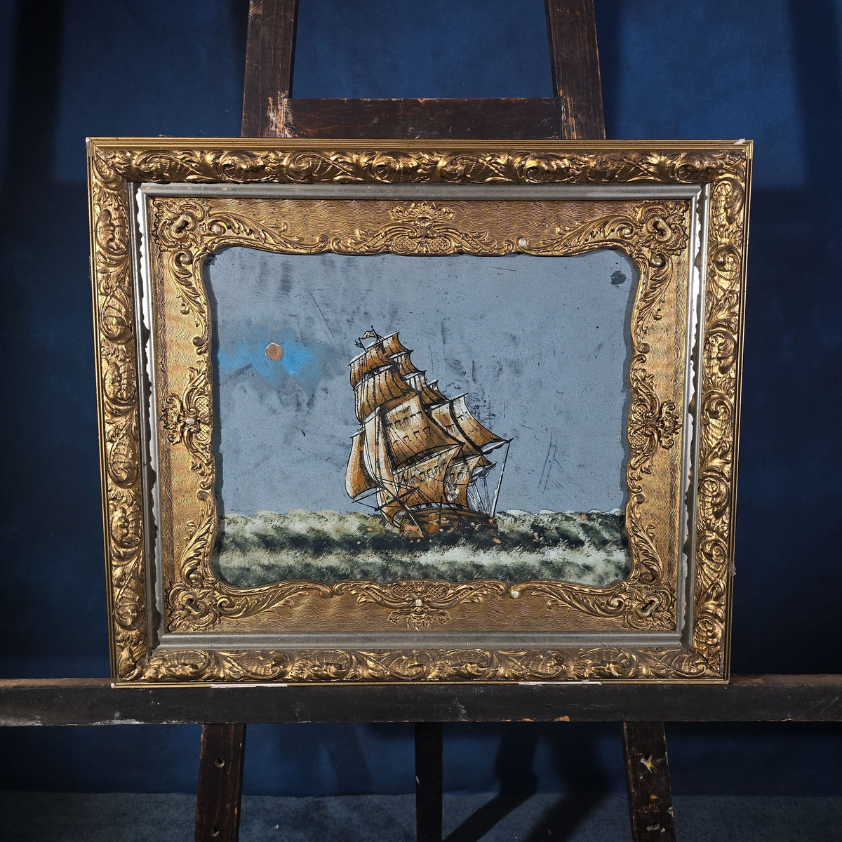 Antique Reverse Glass Painting of a Clipper Ship at Sea in Gilt Frame