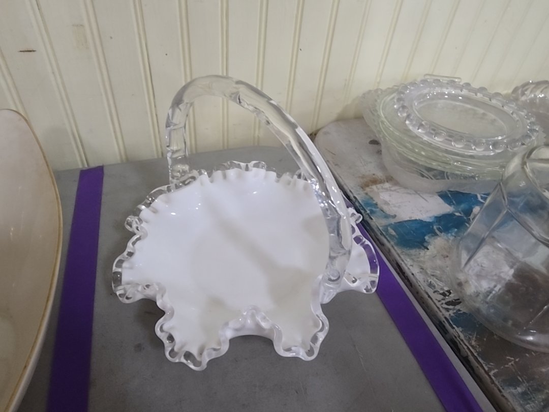 white and clear art glass basket