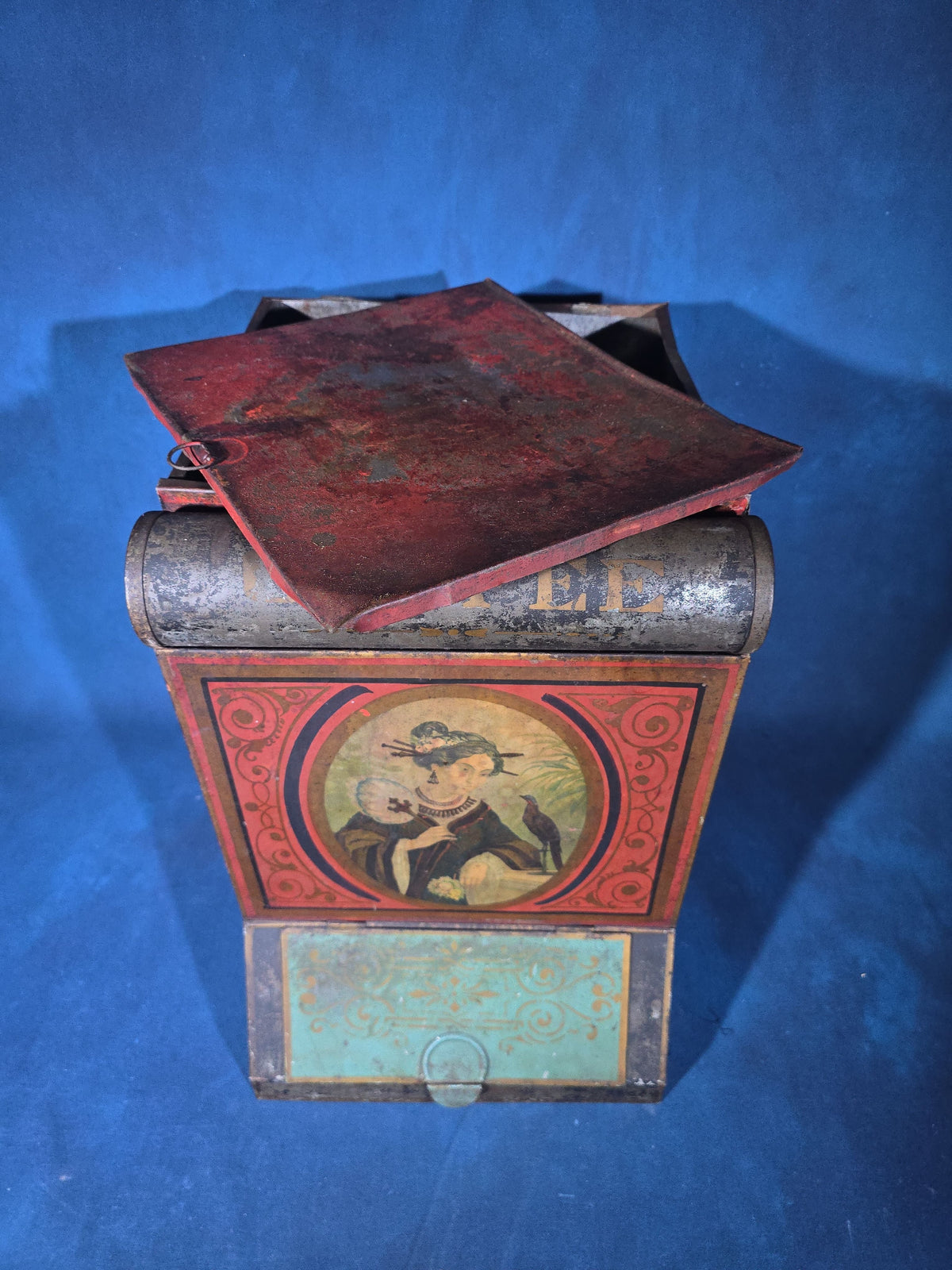 Antique Hand-Painted and Lithographed General Store Coffee Bin with Japanesque Portrait of a Woman with Bird