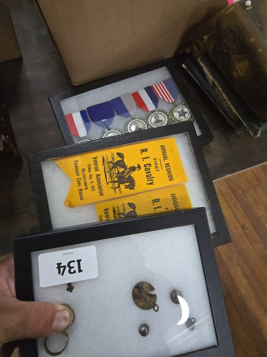grouping of three Riker cases with artifacts and modern reproduction medals