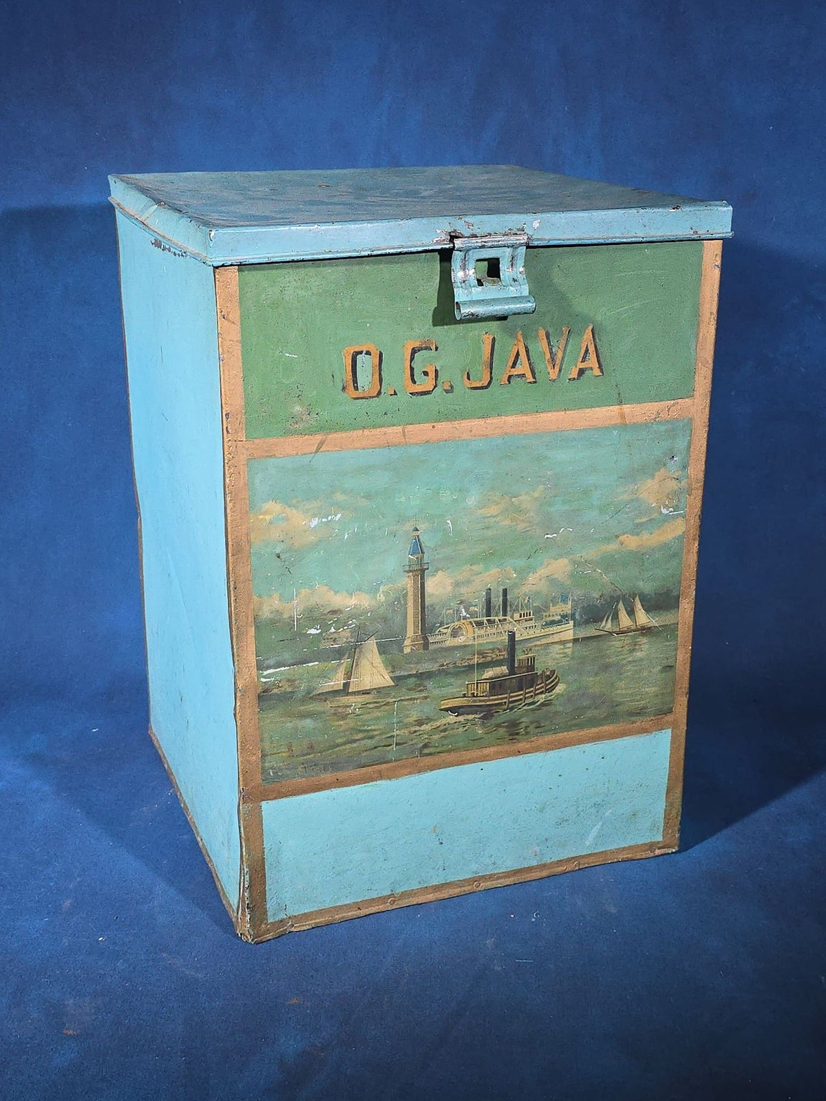 Antique O.G. Java Tin Lithograph Coffee Bin with Harbor Scene