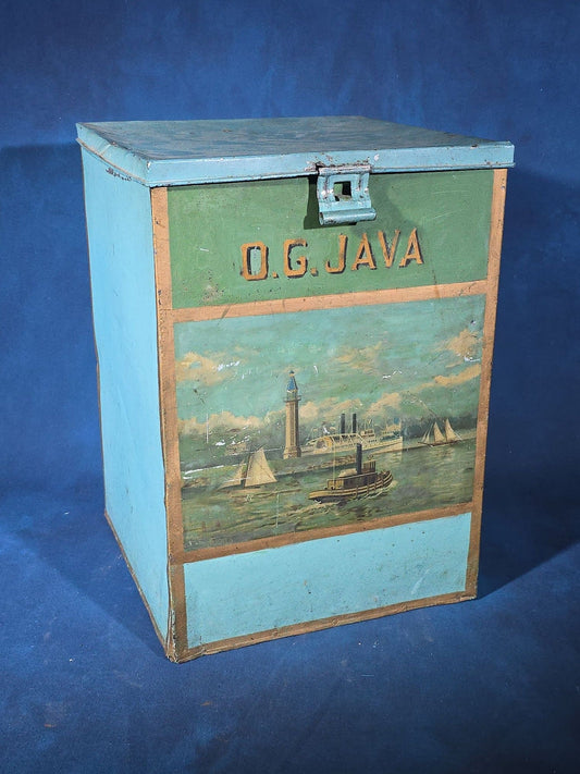 Antique O.G. Java Tin Lithograph Coffee Bin with Harbor Scene