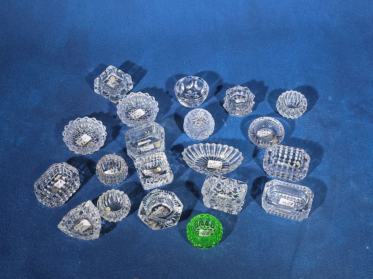 Grouping of 20 Antique and Vintage Pressed and Cut Glass Salt Cellars including Uranium Glass Salt Cellar