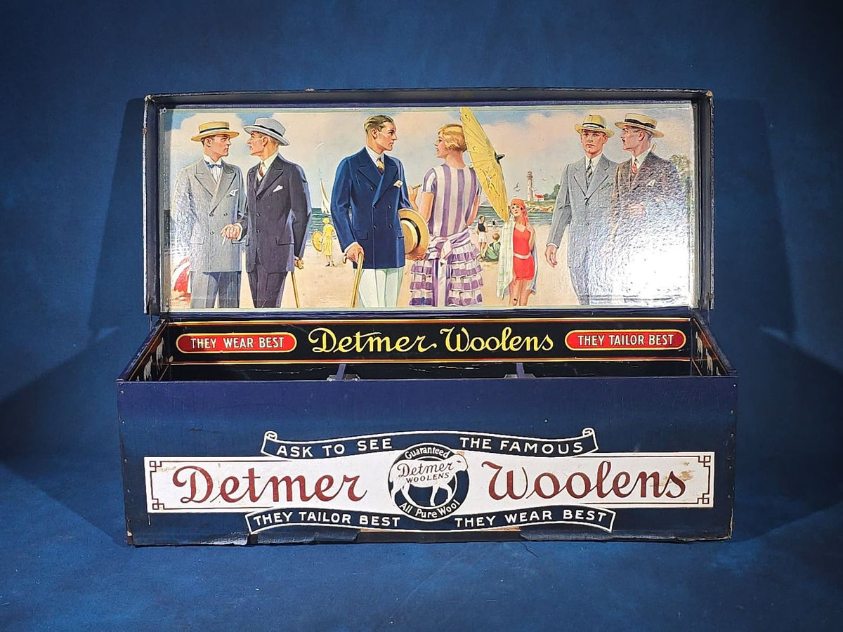 Vintage Detmer Woolens Advertising Store Display Sample Box with Beach Scene Lithograph, Model D 1H