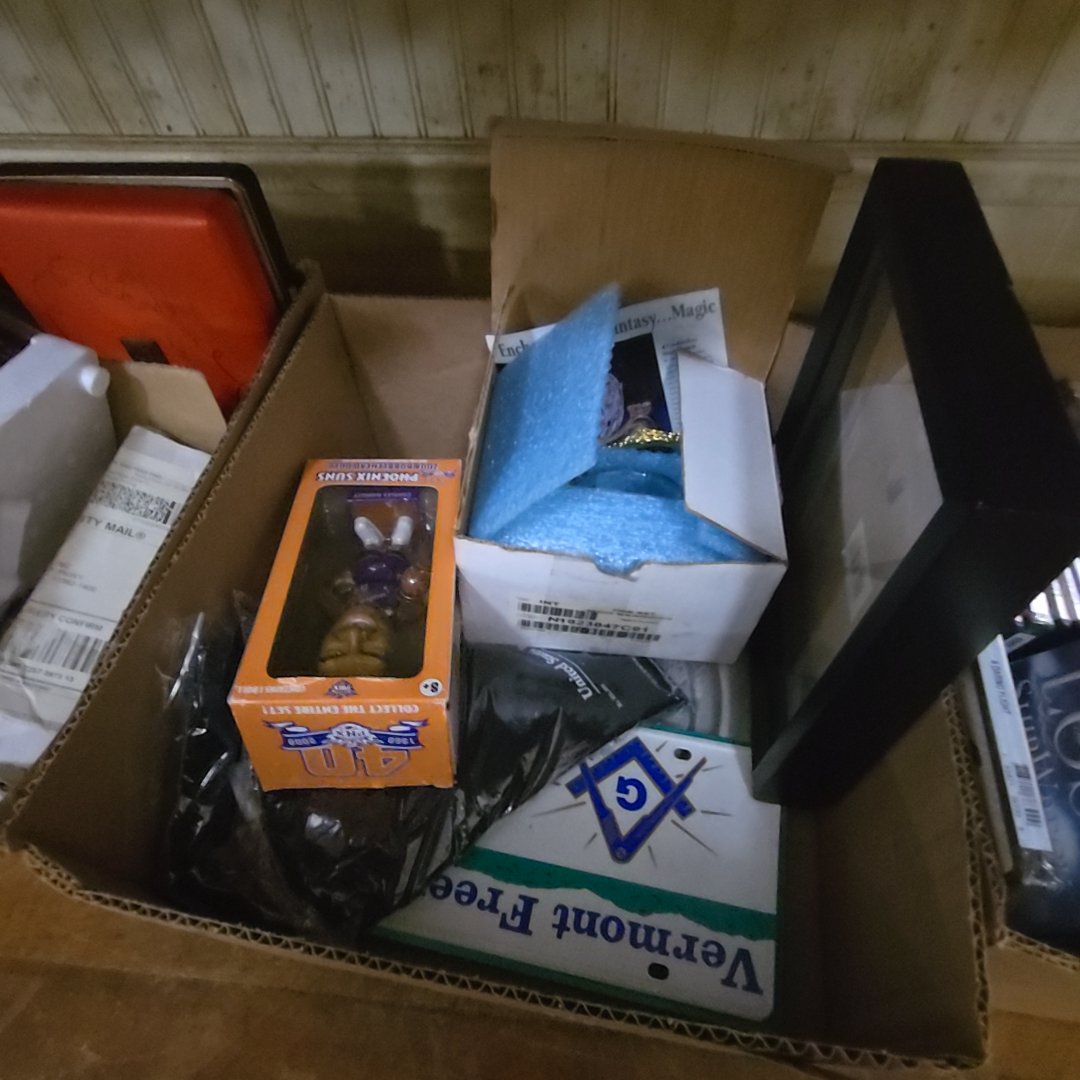 box lot with glass carriage and other items