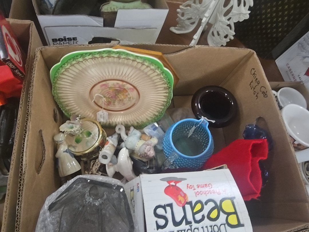 box lot with blue glass figurines and more