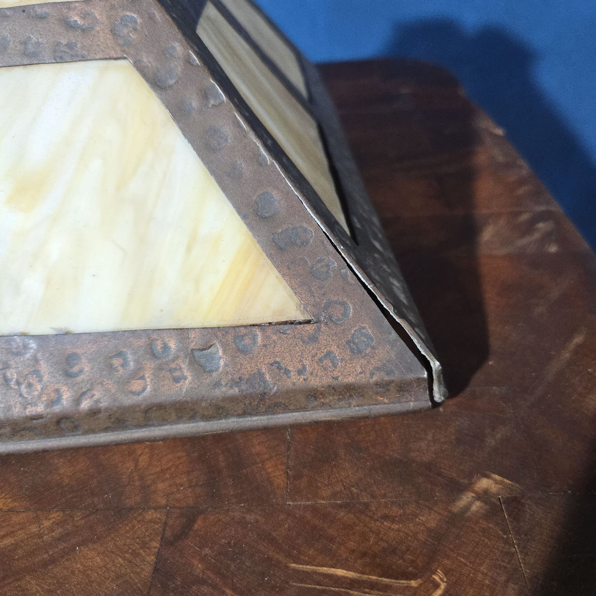 Antique Arts and Crafts Slag Glass Table Lamp with Pyramidal Shade and Cast Metal Base